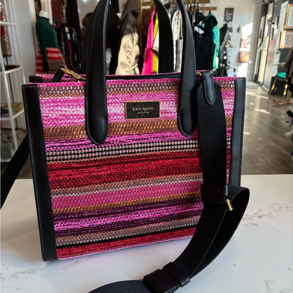 KATE SPADE MANHATTAN STRIPED METALLIC SMALL TOTE HANDBAG - Picture 2 of 5